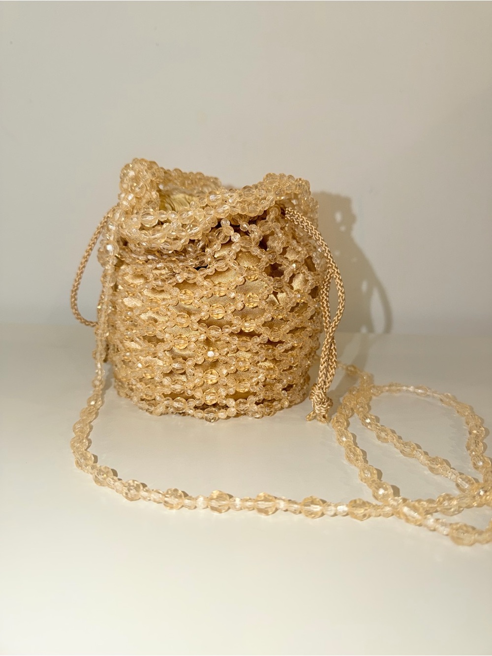 Champagne Beaded Drawstring Crossbody Mini Bag